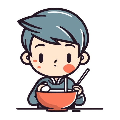 Illustration of a boy eating a bowl of noodle with chopsticks