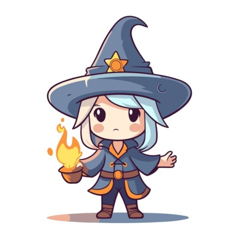 Cute little witch with a burning candle in her hand. Vector illu