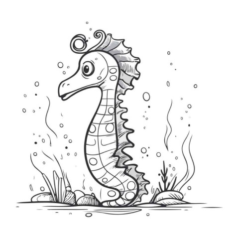 Seahorse in the sea. Vector illustration in doodle style.