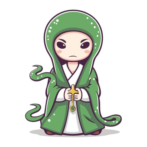 Cute little girl in green bathrobe. Vector cartoon illustration.