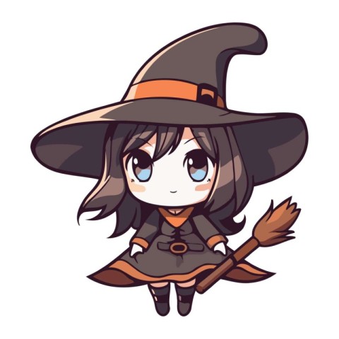 Illustration of a Cute Cartoon Witch Girl with a Broomstick