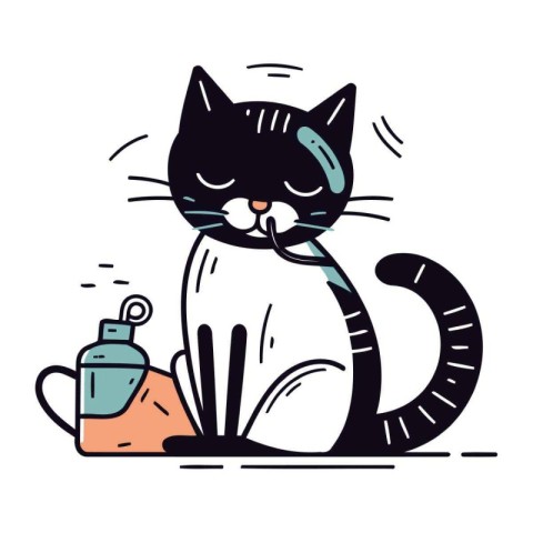 Cute cartoon cat with a bottle of shampoo. Vector illustration.