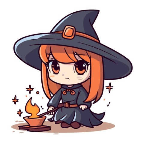 Cute little girl in witch costume holding a candle. Vector illus