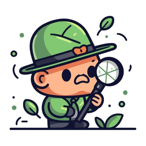 Cartoon boy detective with magnifying glass and leaves. Vector i