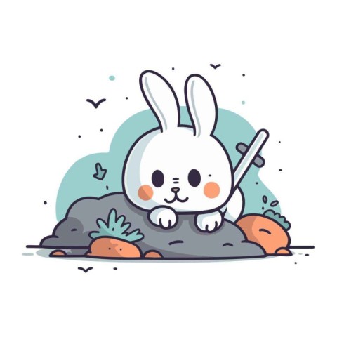 Cute rabbit sitting on the rock. Vector illustration in cartoon