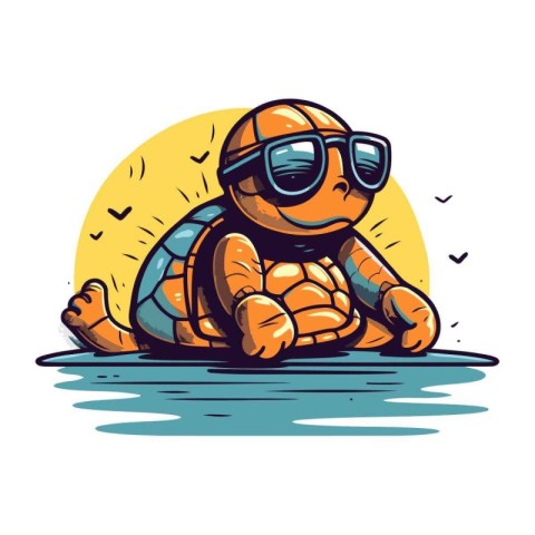 Turtle in sunglasses sitting on the beach. Cartoon vector illust