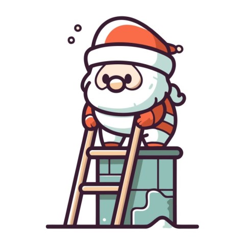 Cute Santa Claus climbing a ladder. Vector illustration in carto