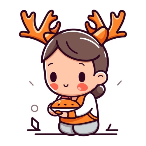 Little girl eating pizza with reindeer antlers. Vector illustrat