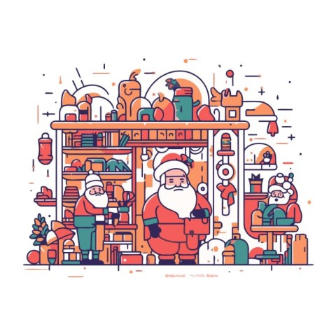 Santa Claus in the shop. Vector illustration in a linear style.