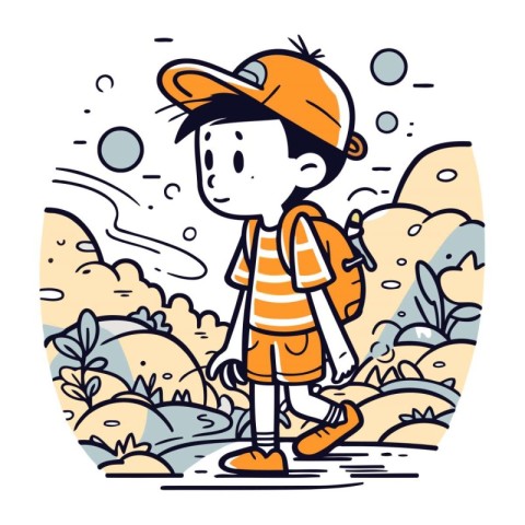 Boy with backpack and cap. Vector illustration in doodle style.