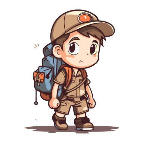 Cute boy in safari outfit with backpack. Vector illustration.