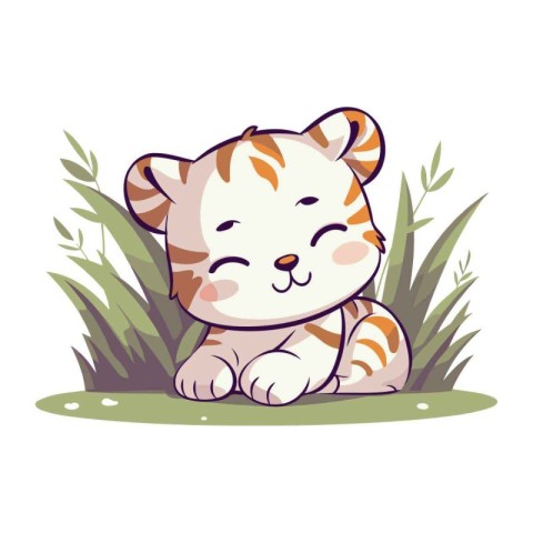 Cute tiger sitting in grass. Vector illustration. Cartoon charac