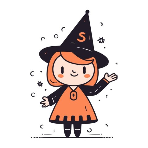 Cute little girl in witch costume. Happy Halloween. Vector illus