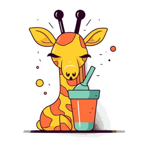 Cute giraffe drinking juice. Vector illustration in cartoon styl