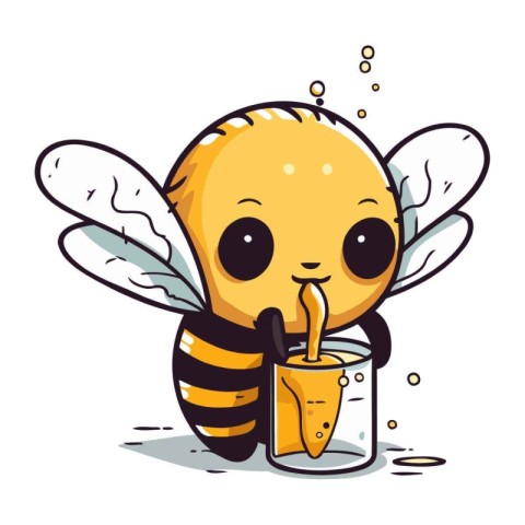 Cute cartoon bee drinking juice from a glass. Vector illustratio