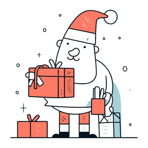 Santa Claus with gift box. Vector illustration in thin line styl