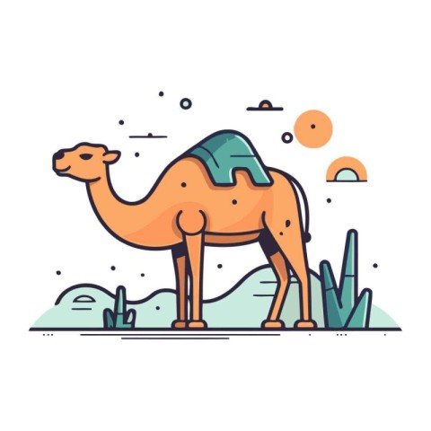 Camel in desert. Vector illustration in thin line style for web