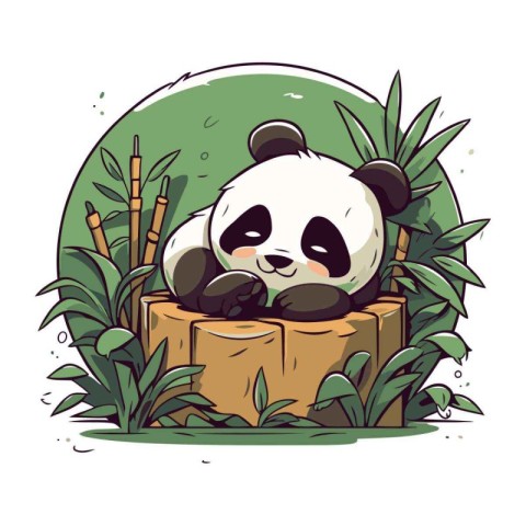 Illustration of a cute panda sleeping on a tree stump.