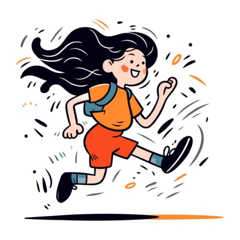 Cartoon illustration of a girl running in a hurry. Vector.