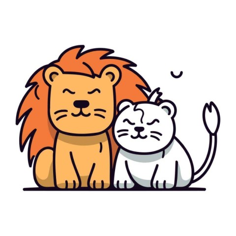 Cute cartoon lion and cat. Vector illustration in line art style