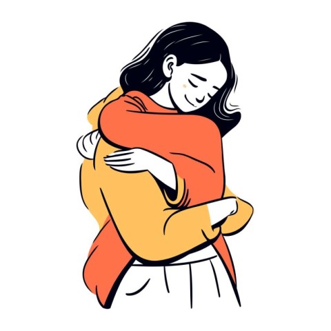 Vector illustration of a girl in a warm sweater hugging her frie