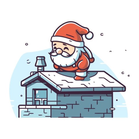 Santa Claus sitting on the roof of the house. Vector illustratio