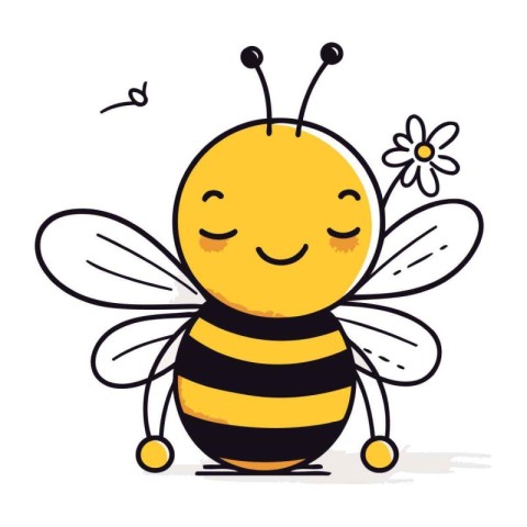 Cute cartoon bee with flower. Vector illustration isolated on wh