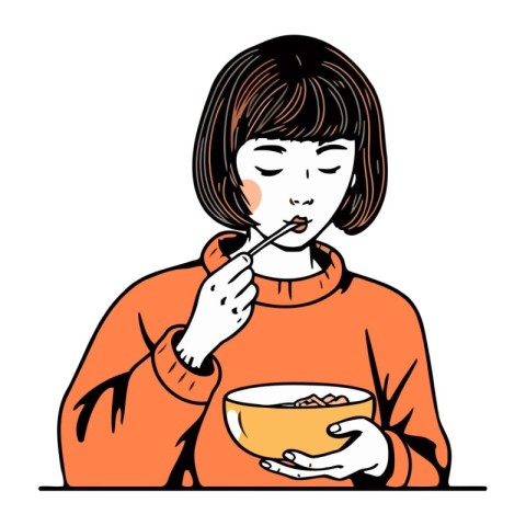 Illustration of a young woman eating a bowl of cereals.