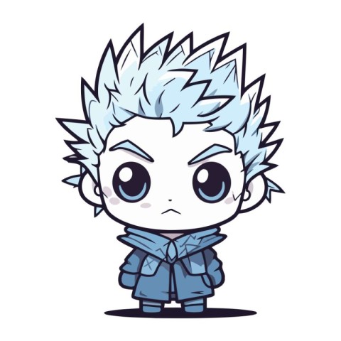 Cute anime boy with blue hair and blue coat. Vector illustration