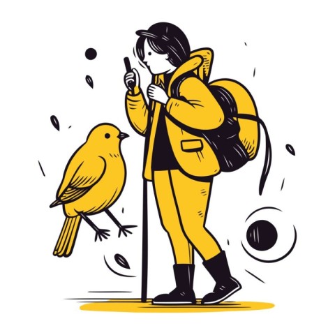 Tourist with backpack and bird. Vector illustration in cartoon s