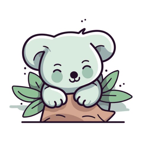 Cute koala sitting on a rock with leaves. Vector illustration.