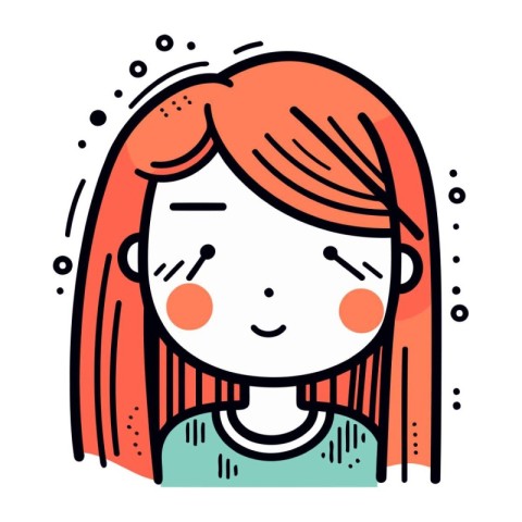 Cute girl with long red hair. Vector illustration in doodle styl