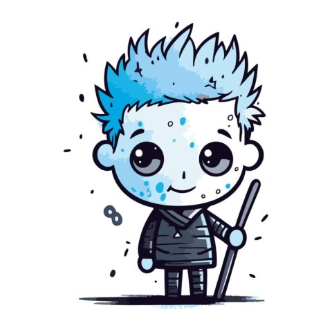 Cute cartoon boy with blue hair in knight costume. Vector illust