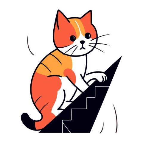 Cute cat sitting on the stairs. Vector illustration in flat styl