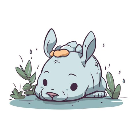 Cute rhinoceros sleeping on the grass. Vector illustration.