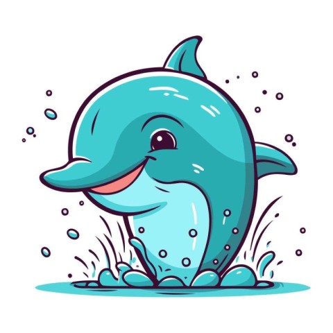 Cute cartoon dolphin with splashes of water. Vector illustration