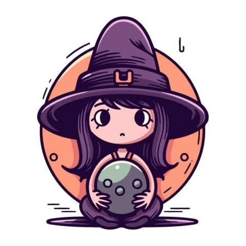 Cute little witch girl with a magic ball. Vector illustration.