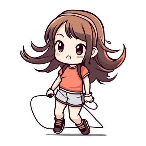 Cute little girl jumping with skipping rope. Vector cartoon illu