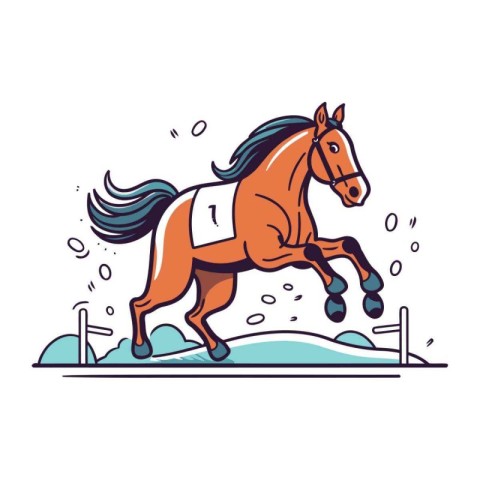 Horse jumping over obstacles. Vector illustration in line art st