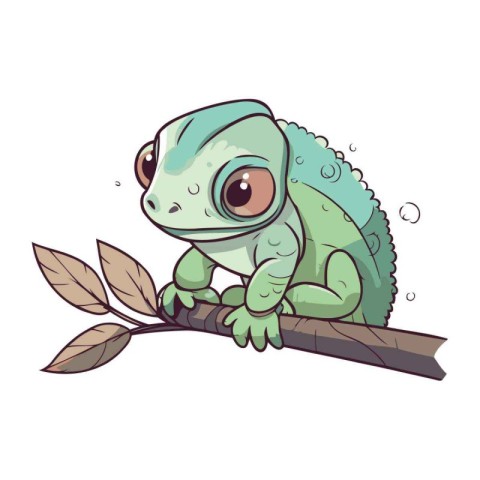 Cute cartoon chameleon on a branch. Vector illustration.