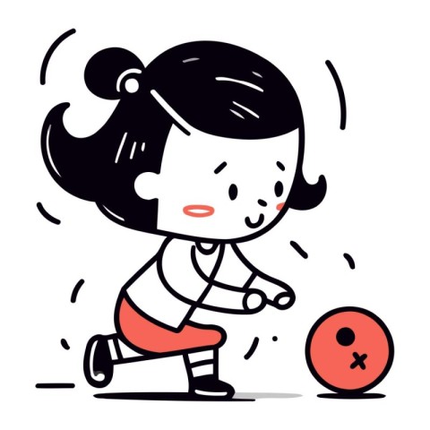 Little girl playing bowling. Vector illustration of a little gir