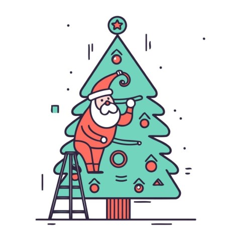 Christmas tree with santa claus. Vector illustration in linear s