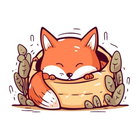 Cute cartoon fox with a basket of food. Vector illustration.