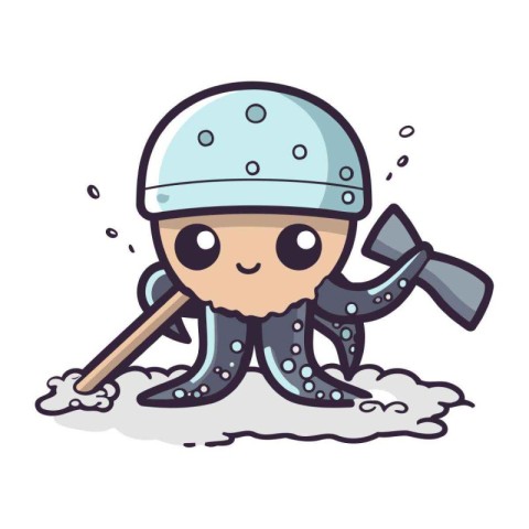 Illustration of a cute octopus in a helmet holding an ax