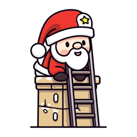 Santa Claus sitting on a ladder. Vector illustration in cartoon