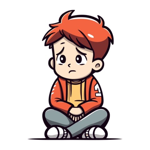 Sad little boy sitting on the floor. Vector illustration in cart