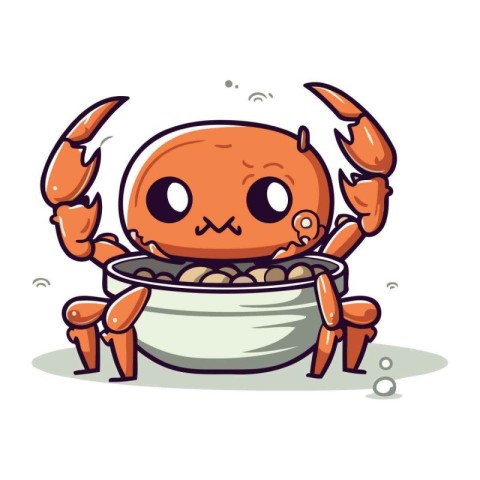 Cute cartoon crab character with bowl of food. Vector illustrati