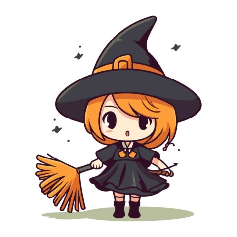 Cute little witch girl with hat and broom. Vector illustration.