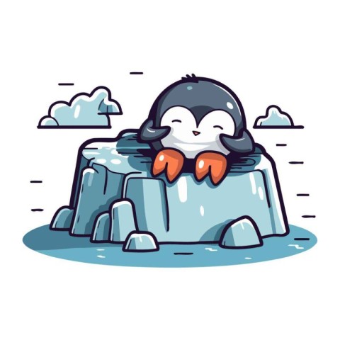 Cute penguin on the rock. Vector cartoon character illustration.