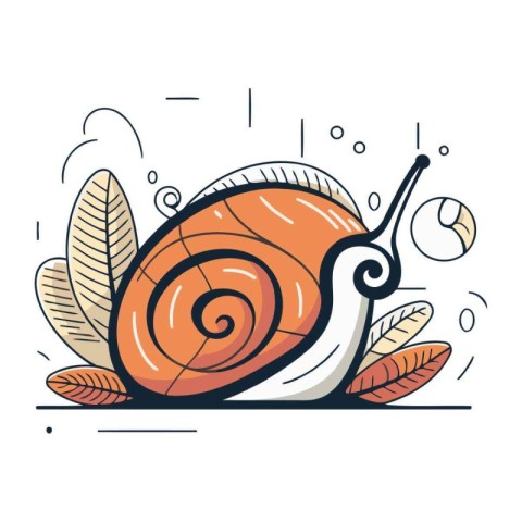 Snail and leaves. Vector illustration in a flat linear style.